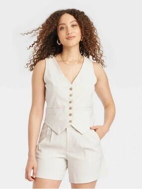 Modern Classic Sleeveless Vest Tailored Button Front Cream Workwear Top
